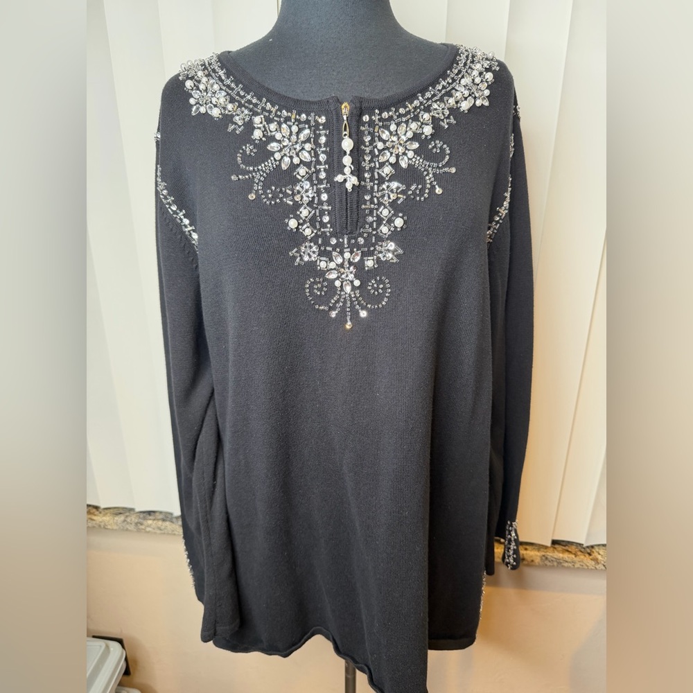 Quacker Factory black 1/4 zip sweater jewel, beaded, rhinestone accents Size 1X